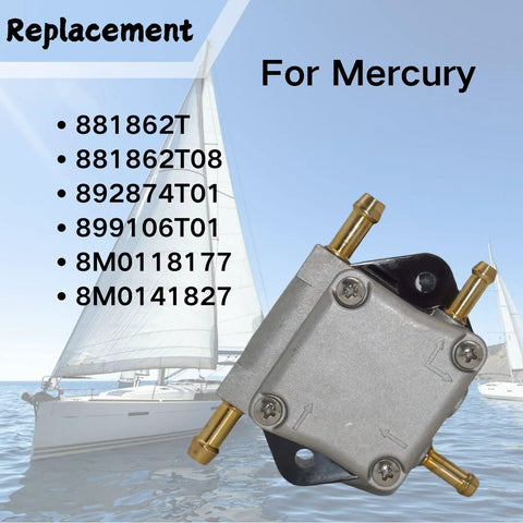 Mercury Outboard Fuel Pump Replacement showing multiple part numbers with sailboat background.