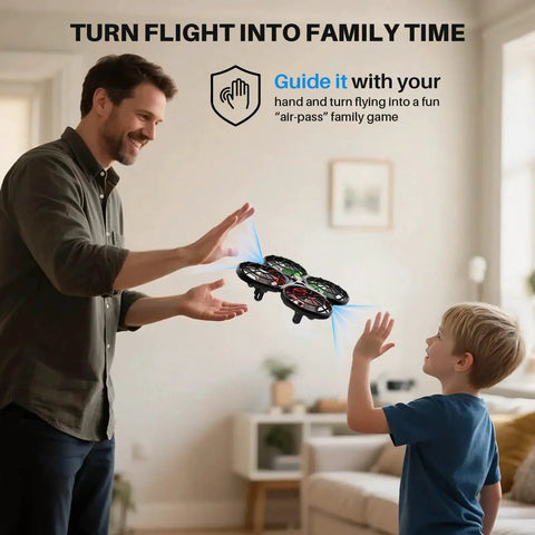 Father and son playing with Kid Friendly Indoor Drone With Obstacle Avoidance And 20 Minute Flight Time With Two Batteries Included One Key 360 Degree Flips And Altitude Hold Ideal Gift For Boys And Girls Aged 8 To 12.