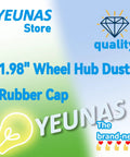 Promotional banner for 1.98 Inch Wheel Hub Dust Cap Covers, highlighting product quality and store branding, with graphics.