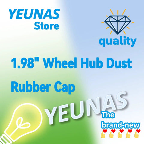 Promotional banner for 1.98 Inch Wheel Hub Dust Cap Covers, highlighting product quality and store branding, with graphics.