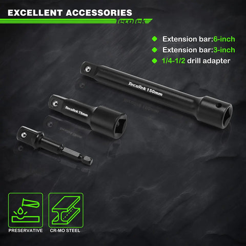 30-Piece Half Inch Drive Shallow Metric Impact Socket Set with extension bars and drill adapter, black phosphate finish, chrome moly steel