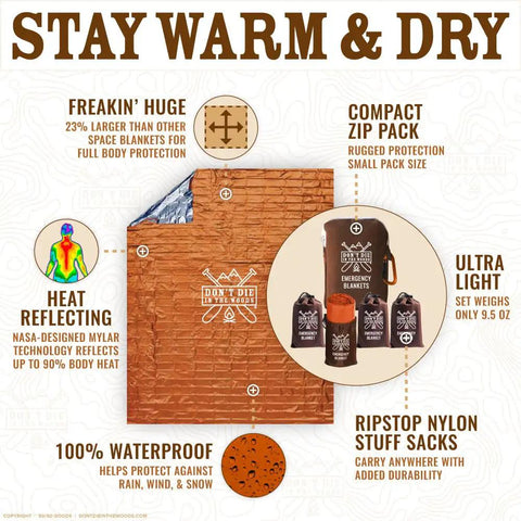 Freakin Huge 4 Pack XL Emergency Blankets Mylar Space Blankets For Hiking Camping Survival Kit features and packaging details.