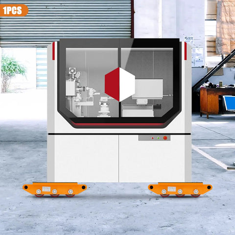 Heavy Duty 15 Ton Machinery Mover Skates With Thick Alloy Steel Base and Smooth PU Rollers transporting a machine in a warehouse.