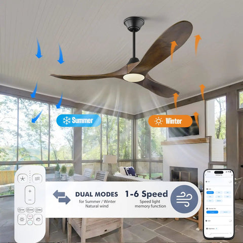 52 Inch Smart Outdoor Ceiling Fan With Lights For Patios Damp Rated Walnut Wood 3 Blade Farmhouse Style With High Airflow DC Motor