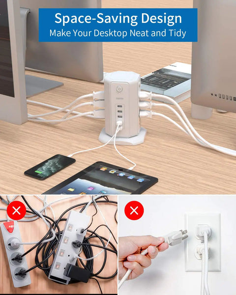 8-Outlet Tower Surge Protector With USB Charging Station, 6-Foot Flat Plug Power Strip set up on desk with gadgets connected