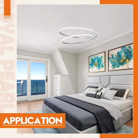 Sleek Modern LED Pendant Ring Chandelier in a bedroom with ocean view, featuring dimmable cool white 6000K light and UL listed driver.