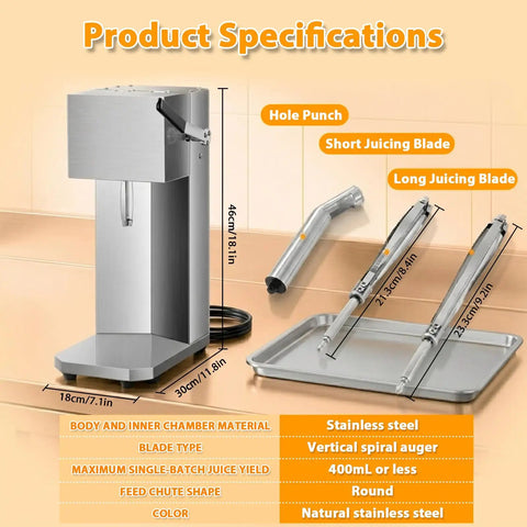 Hand Press Juicer With Fruit Cup Design Lever Extractor For Fresh Juice On Demand Eco Friendly Shop Ready Commercial Juicer With Sturdy Frame Compact Short Component And Long Extractor For Juice Shops, stainless steel parts, 46cm tall