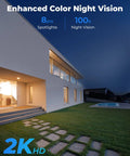 House exterior at night with enhanced color night vision from Dual Lens 2K 4MP Outdoor WiFi Security Camera With 150 Degree Ultra Wide View Color Night Vision Person and Vehicle Detection 2.4GHz and 5GHz WiFi Two Way Audio IP66 Weatherproof