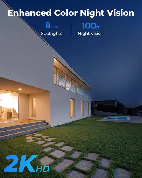 House exterior at night with enhanced color night vision from Dual Lens 2K 4MP Outdoor WiFi Security Camera With 150 Degree Ultra Wide View Color Night Vision Person and Vehicle Detection 2.4GHz and 5GHz WiFi Two Way Audio IP66 Weatherproof