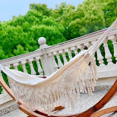 Chill Cotton Macrame Hammock With Fringe Tassels For Two People Boho Balcony Garden Outdoor Hangout Heavy Duty 480 Lb Capacity