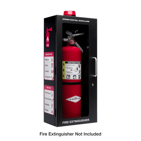Heavy Duty Fire Extinguisher Cabinet With Alarm And Secure Lock Featuring Clear Breakable Acrylic Window mounted on wall.