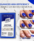 Industrial-Grade Acetone Solvent for Cleaning, Stripping and Thinning bottle with nail polish removal demo on nails.