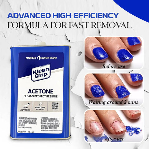 Industrial-Grade Acetone Solvent for Cleaning, Stripping and Thinning bottle with nail polish removal demo on nails.
