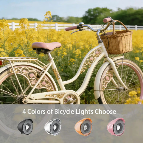 Retro Style 350 Lumen Bike Light Set displayed with vintage bicycle and color options in a field.