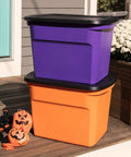 Hella Spacious 18 Gallon Storage Tote With Snug Snap Lid, Stackable Plastic Bins For No Sweat Closet Organization, Durable Handle Grips, Opaque Purple Build, 16 Piece Set, stacked purple and orange bins on a porch.