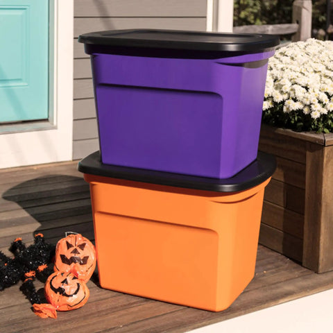 Hella Spacious 18 Gallon Storage Tote With Snug Snap Lid, Stackable Plastic Bins For No Sweat Closet Organization, Durable Handle Grips, Opaque Purple Build, 16 Piece Set, stacked purple and orange bins on a porch.