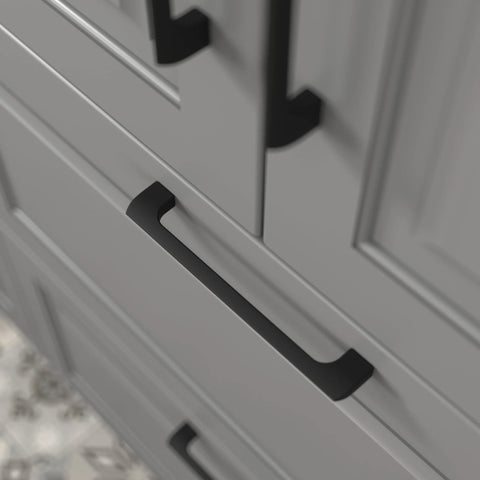 Close-up of 15 Pack Flat Black 10 Inch Hole Center Solid Metal Cabinet Handles for kitchen and bathroom drawers, installed view