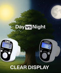 Rock Solid Manual Tally Counter With Bright Led Screen For Night Reads And Instant Reset displayed against day and night backgrounds.