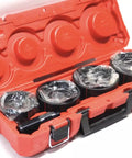 M18 Exact 2-1/2 to 4 Inch Knockout Set for Electrical Rough-In in durable red case, showing tools and attachments, heavy-duty kit