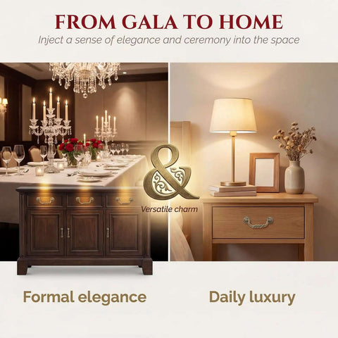 Elegant dining table setting and cozy wooden nightstand with lamp, showcasing formal and daily luxury.
