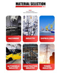 Material selection graphic showing machining, industry, shipbuilding, automobile, construction, and power sectors.