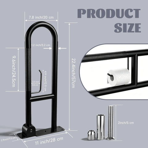 Rock Solid 22.5 Inch Toilet Grab Bar With Non Slip Flip Up Design And Built In Paper Holder dimensions and parts layout image.
