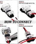 Instructions for using 48 Pack Low Voltage 2 Pin 2 Way Wire Connectors For DIY Wiring Projects DIY Friendly Automotive Universal Compact Splice Connectors Ideal For LED Strip And Electrical Harnesses Easy Install, demonstrating each step.