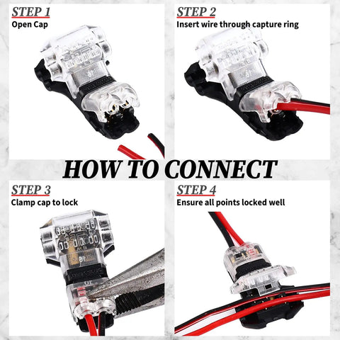 Instructions for using 48 Pack Low Voltage 2 Pin 2 Way Wire Connectors For DIY Wiring Projects DIY Friendly Automotive Universal Compact Splice Connectors Ideal For LED Strip And Electrical Harnesses Easy Install, demonstrating each step.