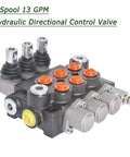 Timunr 3-spool hydraulic directional control valve, front view, gray metal body with orange port caps and SAE ports