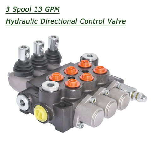 Timunr 3-spool hydraulic directional control valve, front view, gray metal body with orange port caps and SAE ports