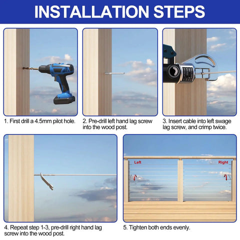 Installation steps for 100 Pack T316 Stainless Steel Right And Left Handed Swage Lag Screws For Wood Posts Deck Cable Railing Kit