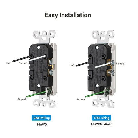 Back and side wiring diagram for 10 Pack Decorator Receptacle Outlet 15 Amp 125 Volt Tamper Resistant TR With Wall Plates Included.