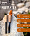 Bushcraft Fire Starter With Three Eighths Inch Ferro Rod Striker And Paracord Wrist Lanyard Waterproof Flint Fire Steel Survival Lighter For Camping Hiking And Backpacking Gear With 5000 Degree Sparks on rock, portable and weatherproof, hardwood handle with paracord.