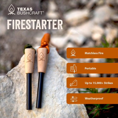 Bushcraft Fire Starter With Three Eighths Inch Ferro Rod Striker And Paracord Wrist Lanyard Waterproof Flint Fire Steel Survival Lighter For Camping Hiking And Backpacking Gear With 5000 Degree Sparks on rock, portable and weatherproof, hardwood handle with paracord.
