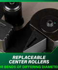 Close-up of replaceable center rollers on Badass Cordless Rebar Bender and Cutter for bends of differing diameters.