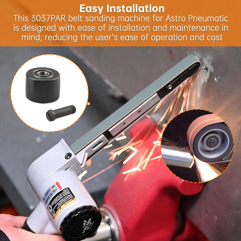 2 Pack 3037PAS Pneumatic Belt Sander Bearing Replacement For Pulley Assembly Made Of Steel Heavy Duty Durable Bearing Fits Most Sander Models Easy Install Long Lasting Performance, showing bearing and sander in use with sparks.