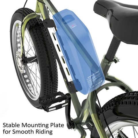Ebike Battery Base Mounting Plate Bracket with 5 Pin Connector for Polly DP-5 DP-6 DP-7 DP-9, shown on a green bike frame.