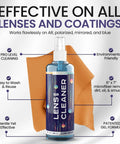 Front view of ULTRAVUE Gel Lens Cleaner spray bottle with orange microfiber cloth; 8 oz plastic bottle.