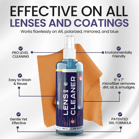 Front view of ULTRAVUE Gel Lens Cleaner spray bottle with orange microfiber cloth; 8 oz plastic bottle.