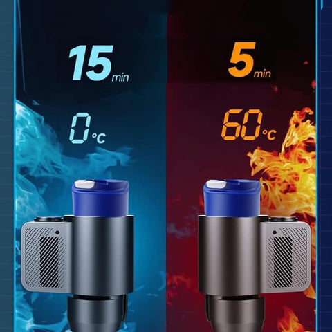 Kickass Dual Purpose Car Cup Holder That Locks Your Stash In Bone Hot Or Ice Cold Temps Zero Hassle 2 In 1 Portable Heater Chiller, showing temp indicators.