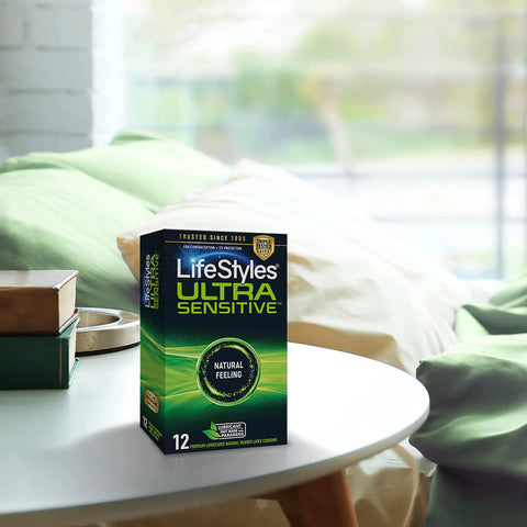 Ultra Thin Ultra Sensitive Latex Condoms With Lubricant For A Real Natural Feel And Maximum Sensitivity 12 Count Pack on table