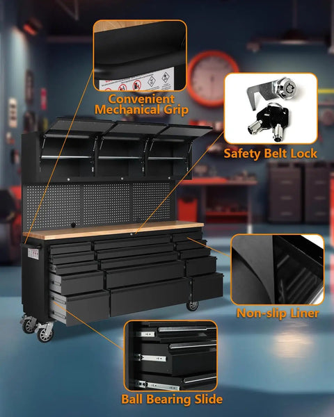 Hella Heavy Duty 72 Inch Rolling Tool Chest With 15 Drawers And Smooth Glide Wheels, Cold Rolled Steel Workshop Cabinet With Rubber Wood Top, Black Garage Storage Rack