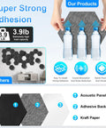 Hustle Free Peel And Stick Hexagon Acoustic Panels Self Adhesive Sound Deadening Foam Tiles displayed with water bottles and wall demo.
