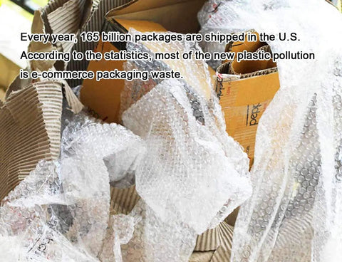 Pile of mixed cardboard and plastic bubble wrap, text about e-commerce packaging waste in the background.