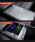 Tesla Model Y And Model 3 Hidden Center Console USB Hub With 45W Dual Type C Fast Charging Retractable Cable Hidden Phone Charger For Juniper 2026 And Highland 2025 Interior Accessories showing uncharged and charging status