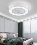Modern Flush Mount Ceiling Fan With Light For Kitchen Bedroom Bathroom Super Quiet Low Profile Electric Fan Remote Led Three Color Lighting Four Abs Blades Twenty Two Inches White in a bedroom setup