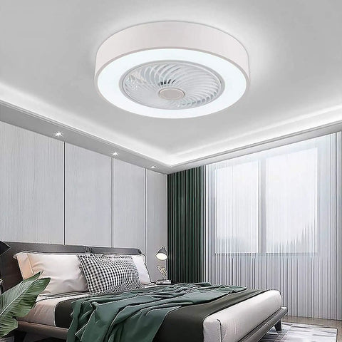 Modern Flush Mount Ceiling Fan With Light For Kitchen Bedroom Bathroom Super Quiet Low Profile Electric Fan Remote Led Three Color Lighting Four Abs Blades Twenty Two Inches White in a bedroom setup