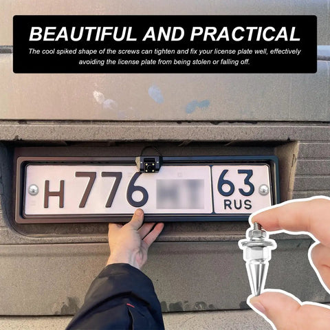 Close-up of 4 Pcs Spike License Plate Screws Set For Cars And Motorcycles Anti Theft Aluminum Fasteners in use on a car.