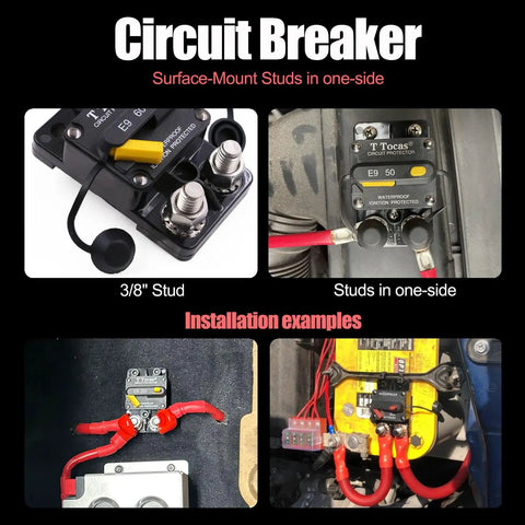 Heavy Duty 150 Amp Circuit Breaker With Manual Reset For 12V To 48V DC Systems Marine ATV Trailer Waterproof Three Eighths Inch M10 Studs Ignition Protected UL Rated Solar Battery Stereo Electronics shown in installation examples
