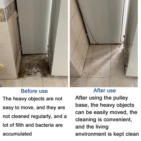 Before and after using Two Pack Heavy Duty Extensible Appliance Roller Set for moving dirt from behind refrigerator
